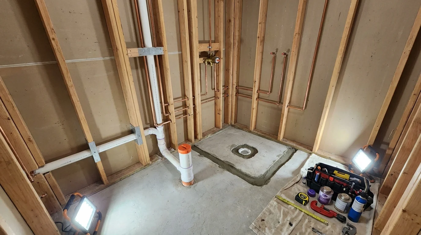 Bathroom rough-in plumbing during remodel by Johns Plumbing LLC in Oronoco