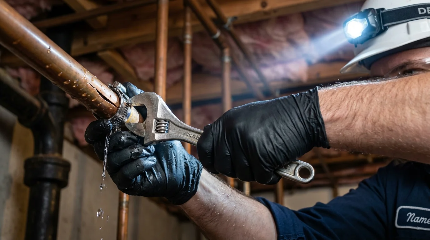 Emergency pipe clamp repair being performed by a Johns Plumbing LLC plumber in Oronoco