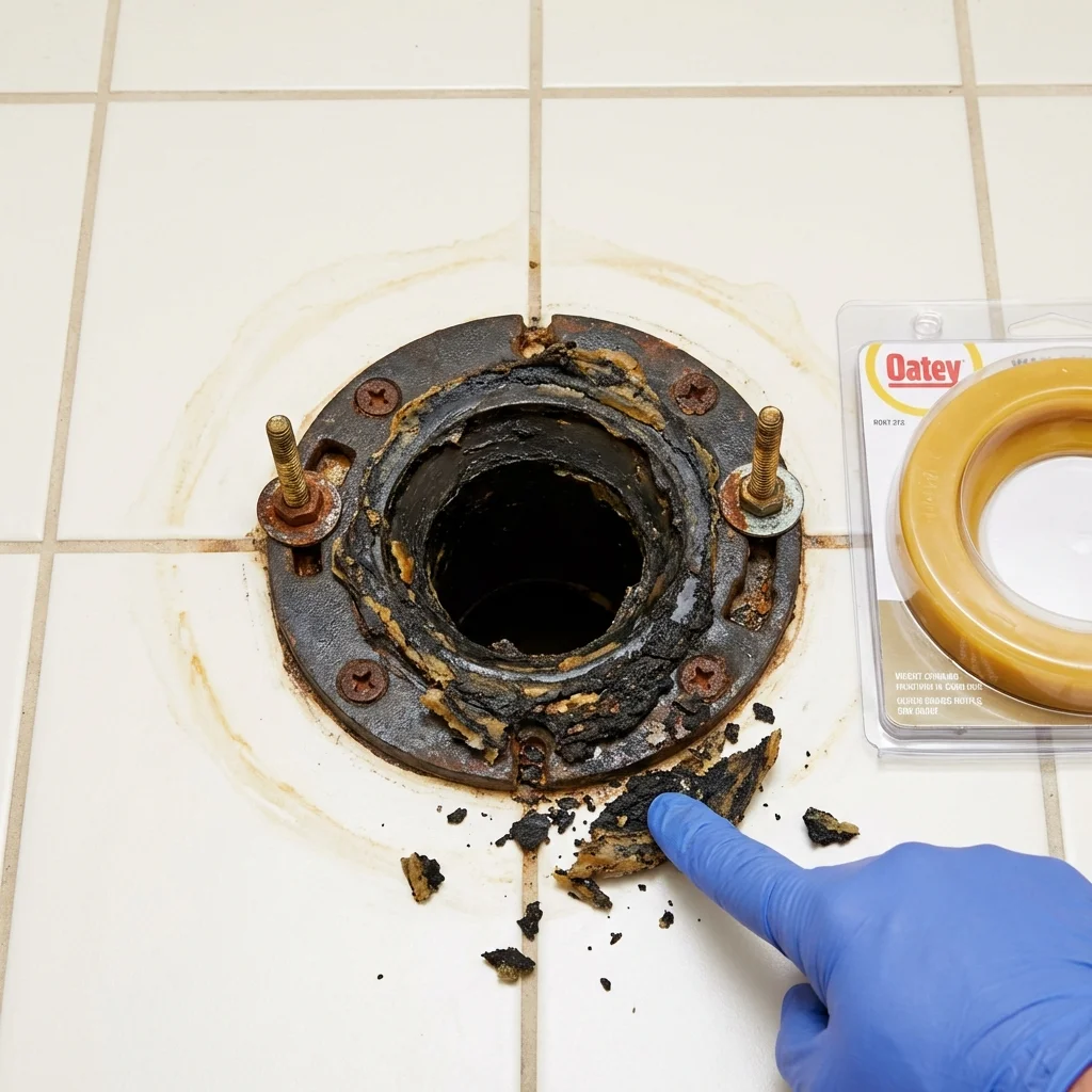 Failed wax ring showing water seepage at the base of a toilet in a Oronoco, MN home