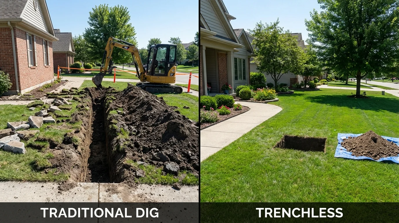Trenchless sewer repair with minimal yard damage versus traditional excavation in Oronoco, MN